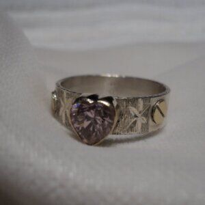 Sterling Silver and 18K Gold with Pink Stone Heart Ring